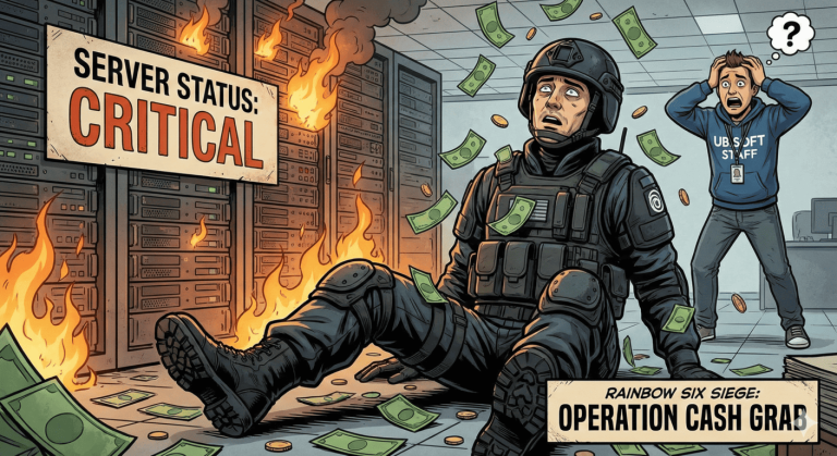 몸 위에 돈다발이 쏟아지고 넋을 잃은 Rainbow Six Siege 오퍼레이터 한 명, 뒤엔 불타는 서버 룸과 경악하는 Ubisoft 직원