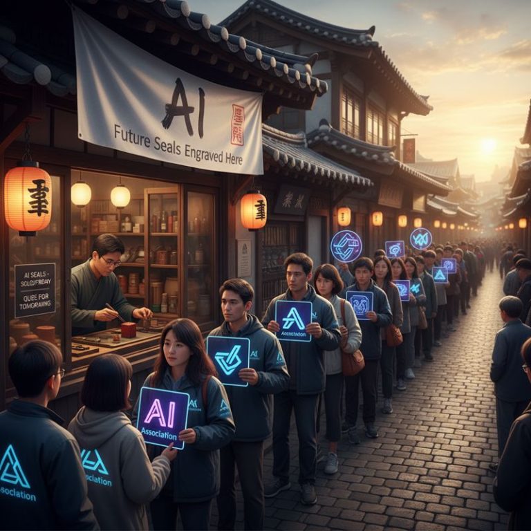 여러 협회 대표들이 'AI' 글씨를 도장에 새기려고 줄 서 있는 모습