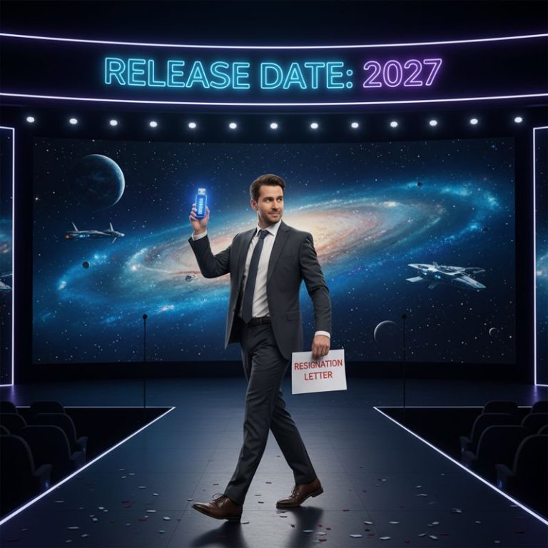 개발자가 트레일러 USB와 사임서를 들고 우주 배경에서 무대를 떠나는 장면