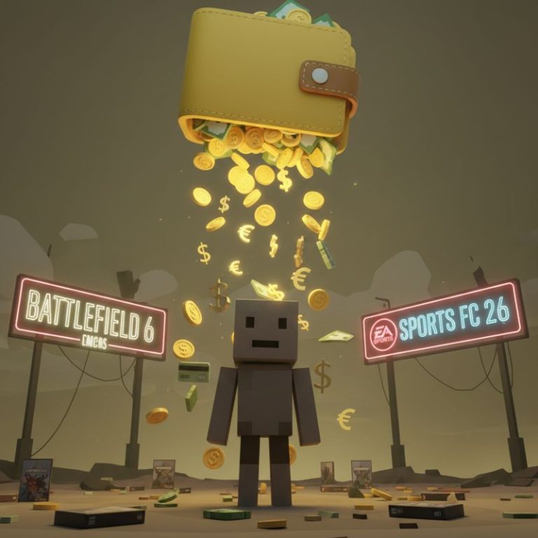 게임 캐릭터가 양쪽 매출 1위 게임 사이에서 거대한 지갑 이모티콘을 맞이하는 장면