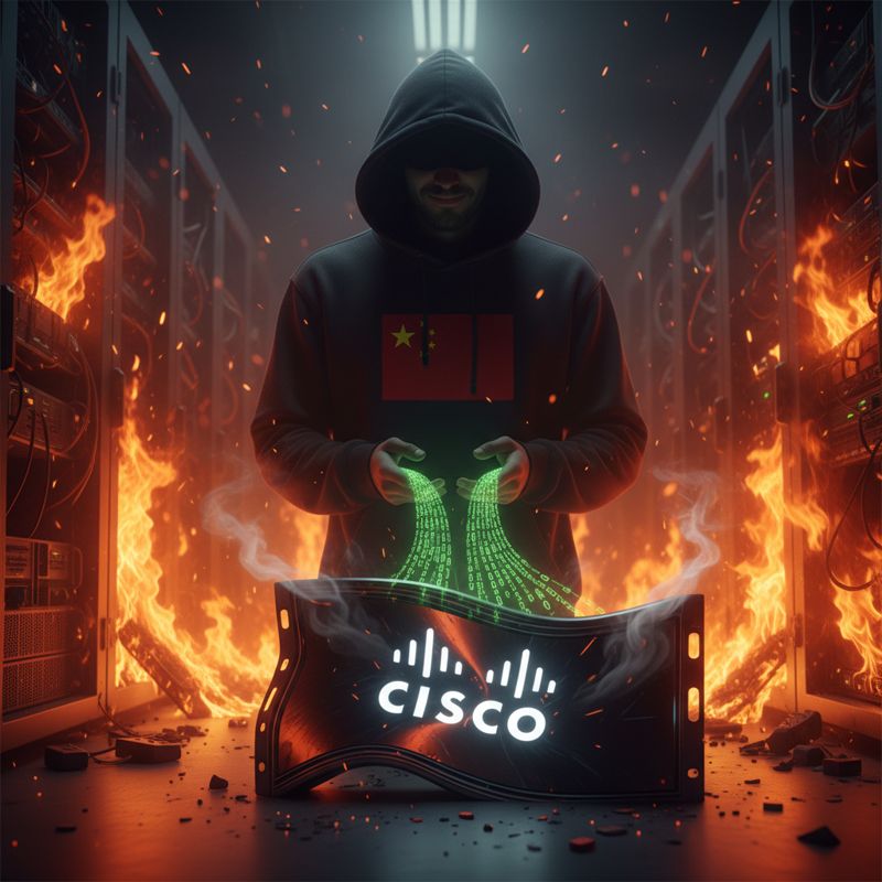 Cisco 로고가 큼지막이 달린 방화벽이 종이처럼 찢어지고, 중국 해커가 불타는 서버실을 배경으로 미소 짓는 모습
