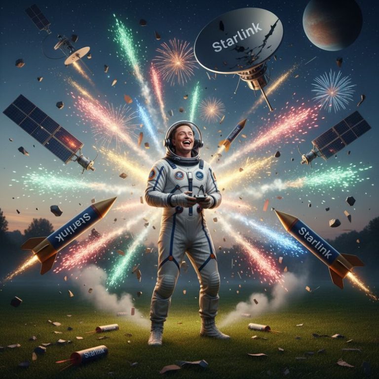 우주복을 입은 인물이 폭죽처럼 파괴되는 Starlink 위성 잔해를 바라보는 장면