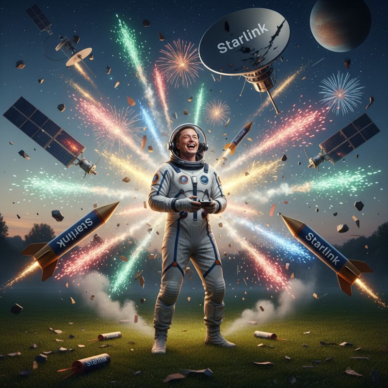 우주복을 입은 인물이 폭죽처럼 파괴되는 Starlink 위성 잔해를 바라보는 장면