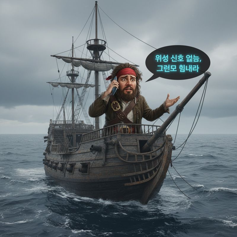 해상에서 의료 AI를 쓰려다 통신이 끊겨 애쓰는 선원의 모습