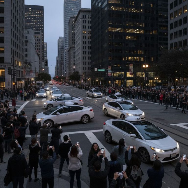 정전으로 도심 한가운데 멈춰 선 로보택시와 이를 사진 찍는 시민들