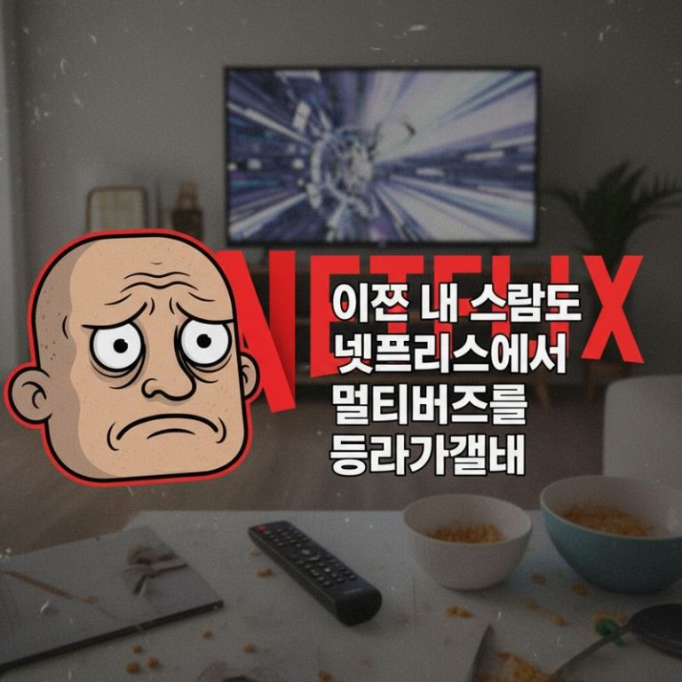 찡그린 표정의 Wojak 캐릭터가 넷플릭스 로고 옆에서 한숨 쉬며 '이제 내 삶도 넷플릭스에...'라고 말하는 장면