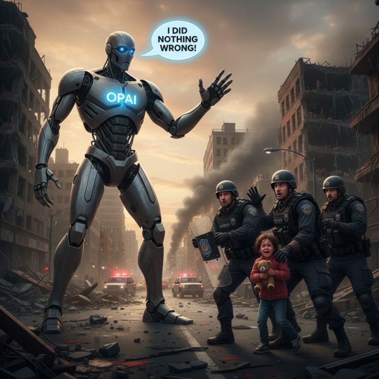 거대한 로봇(오픈AI 로고)이 "난 아무것도 잘못하지 않았어!"라고 말하며 경찰과 아이 사이에서 방황하는 모습