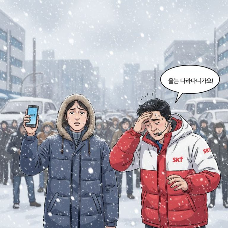 번화가에서 스마트폰 신호 한 칸만 잡히는 시민과, 자신있어하는 표정의 SKT 직원