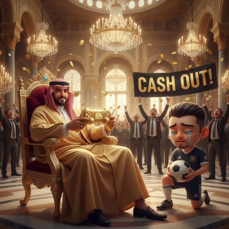 사우디 왕자가 EA 로고 컨트롤러를 들고 왕좌에 앉아 있고, EA 마스코트들은 울상, 주주들은 환호하는 모습.