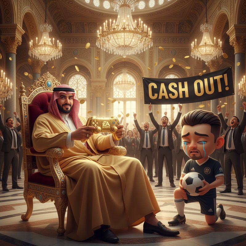사우디 왕자가 EA 로고 컨트롤러를 들고 왕좌에 앉아 있고, EA 마스코트들은 울상, 주주들은 환호하는 모습.