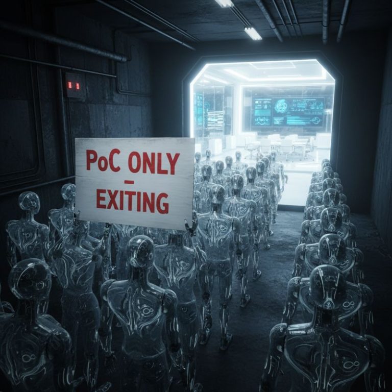 많은 AI들이 줄 서 있다가 극소수만 빛나는 문을 통과하는 풍자적인 상황