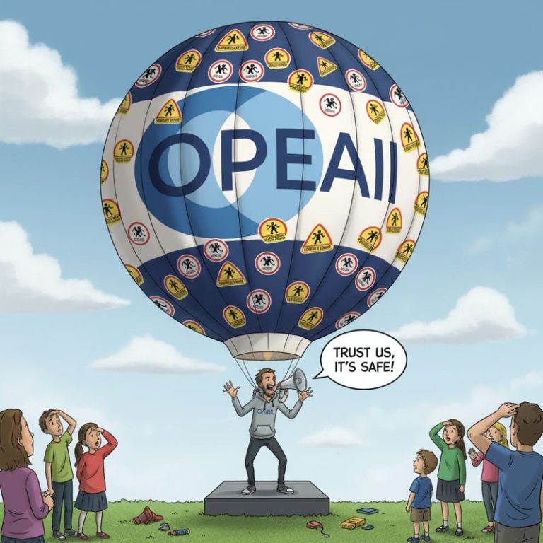 OpenAI 로고 풍선에 경고 스티커가 잔뜩 붙은 모습과 엔지니어가 안전하다고 주장하는 만화 이미지