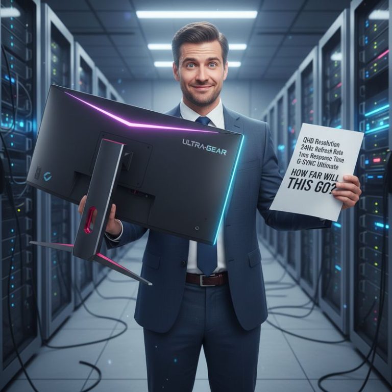 피곤한 표정의 직장인이 엄청난 크기의 게이밍 모니터와 스펙표를 들고 있는 모습