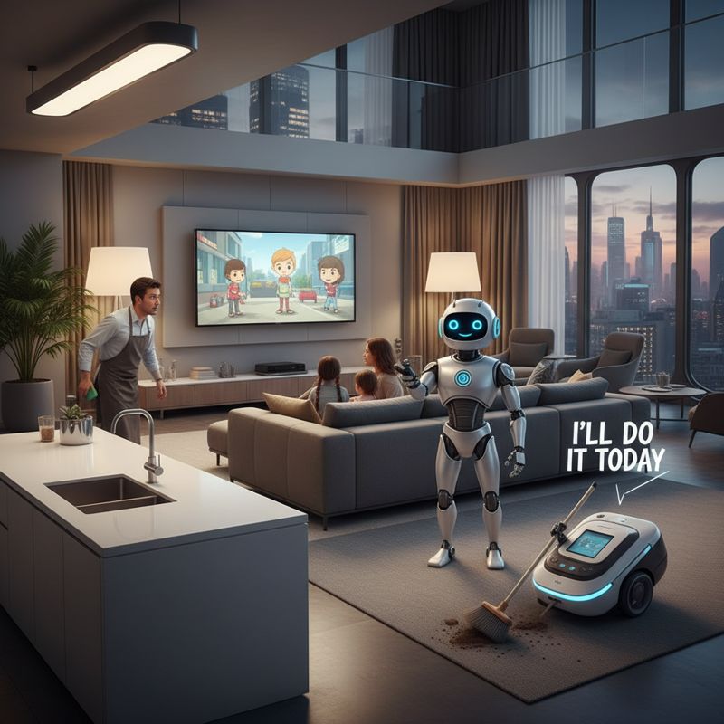 거실에서 인간 가족 대신 집안일 하는 로봇과 멀뚱히 서 있는 사람