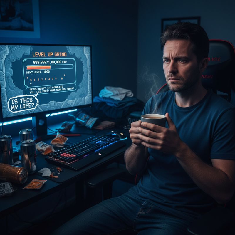 지친 게이머가 로블록스 Blox Fruits에서 끝없는 레벨업 노가다를 하는 모습