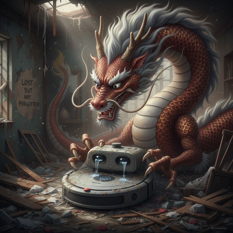 폐허 속에서 눈물을 흘리는 Roomba와, Roomba를 감싸는 거대한 중국 용