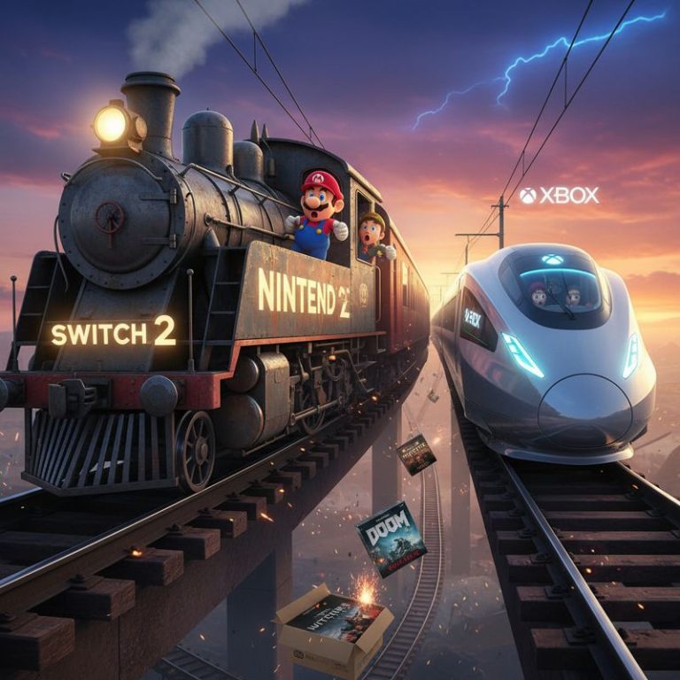 닌텐도 스위치2 로고를 단 낡은 기차가, 고성능 콘솔들과 함께 달리는 중. 주변에 대작 게임 패키지들이 널려 있음.
