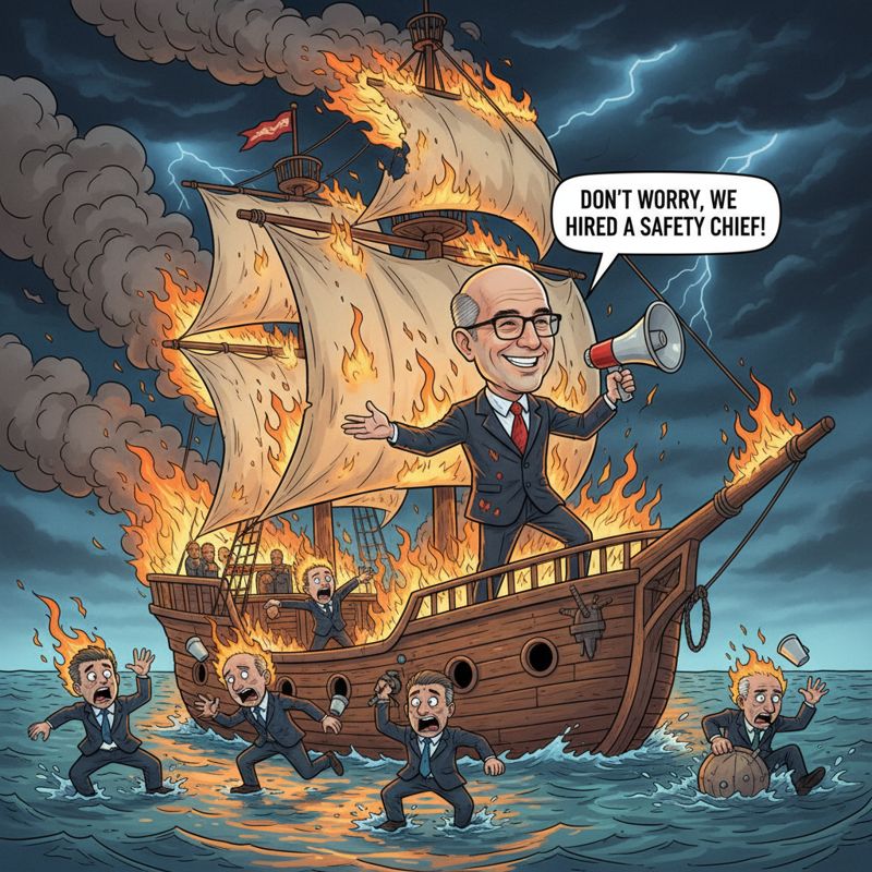 불타는 배 위에서 침착하게 '우리는 준비됐어요' 플래카드를 든 사람들