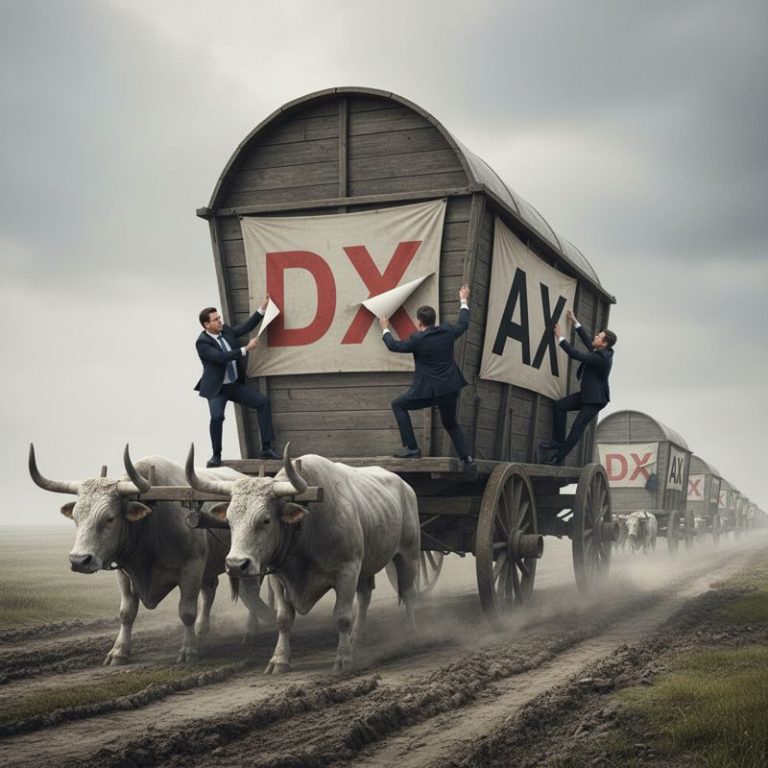 AI 스티커만 덧붙인 대기업 수레를 미는 양복 입은 임원들