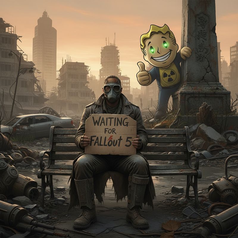 폐허 속 벤치에 앉아 Fallout 5를 기다리는 남자, 옆에 방사능 마스코트