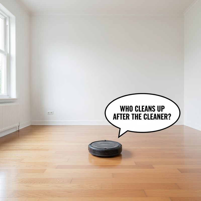 빈 방 한가운데 덩그러니 앉아 있는 Roomba, '청소부를 누가 청소하지?' 말풍선