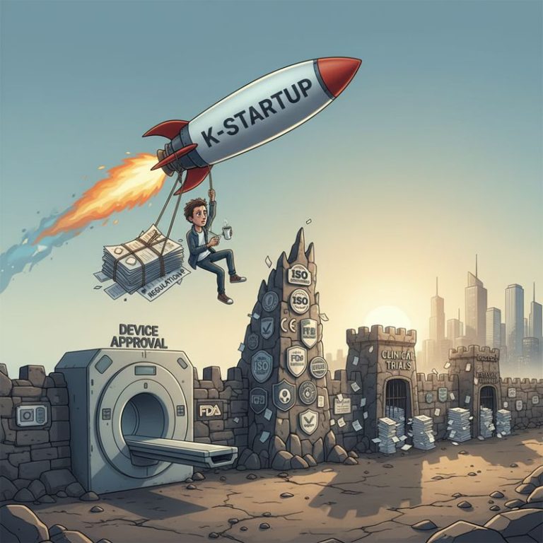 의료기기 인증 마크들이 장벽처럼 쌓인 성을 넘으려는 스타트업 로켓과 지친 개발자 모습
