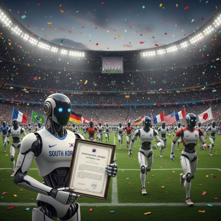 경쟁하는 여러 나라의 AI 로봇들, 한국 로봇이 혁신상 트로피를 들고 있다.