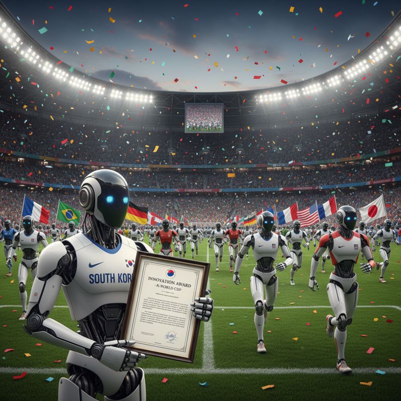 경쟁하는 여러 나라의 AI 로봇들, 한국 로봇이 혁신상 트로피를 들고 있다.