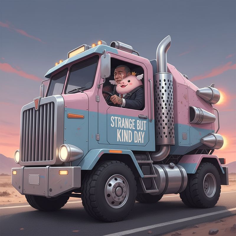 근엄한 야쿠자와 분홍 마스코트가 좁은 트럭에 같이 앉아 있는 장면