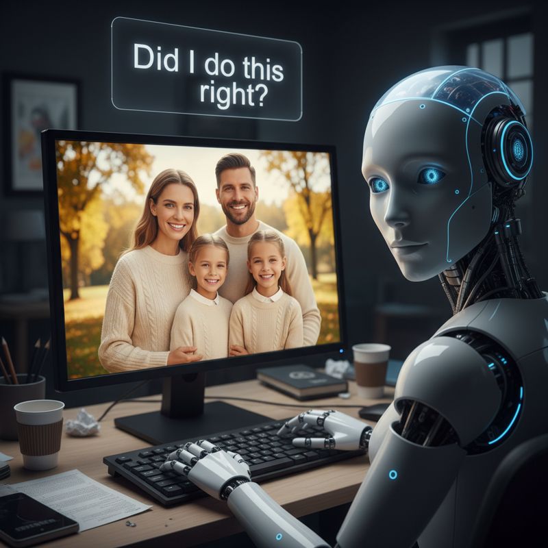 AI가 만든 가짜 가족사진과 이를 자랑스럽게 바라보는 컴퓨터 모니터 속 캐릭터