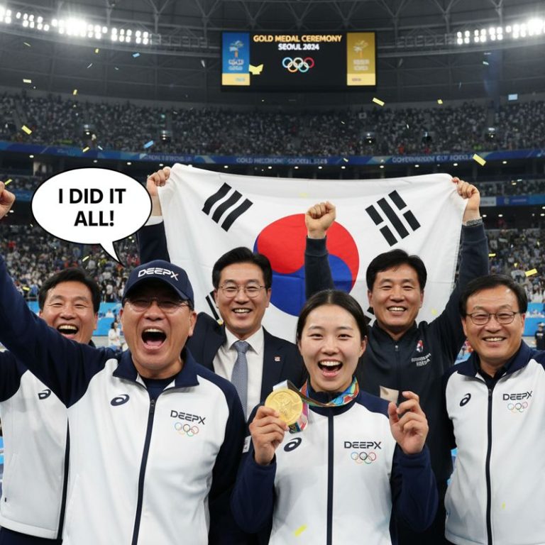 딥엑스가 주인공처럼 나서고, 거대한 한국 대기업과 정부가 뒤에서 존재감을 뽐내는 올림픽 장면 패러디