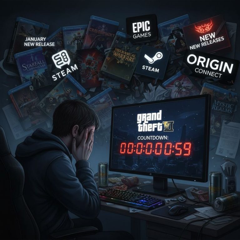 지친 게이머가 GTA6 카운트다운을 보며 산더미처럼 쌓인 2026년 1월 신작 게임들 사이에서 한숨을 쉬는 모습