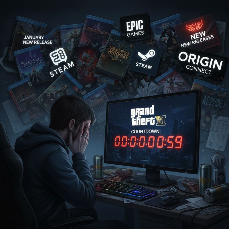 지친 게이머가 GTA6 카운트다운을 보며 산더미처럼 쌓인 2026년 1월 신작 게임들 사이에서 한숨을 쉬는 모습