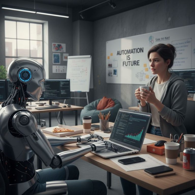 인간 직원이 AI 로봇이 자신의 자리에 앉아 일하는 모습을 당황스럽게 응시하는 장면