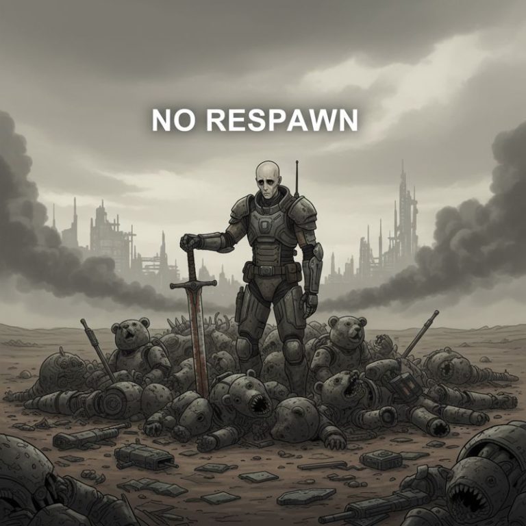 죽은 곰들 옆에서 우울하게 서 있는 Avowed 플레이어 캐릭터와 '리스폰이란 없다'라는 자막