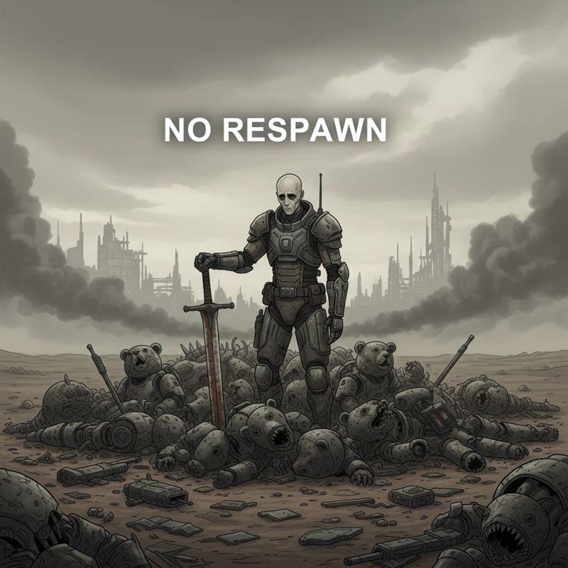 죽은 곰들 옆에서 우울하게 서 있는 Avowed 플레이어 캐릭터와 '리스폰이란 없다'라는 자막