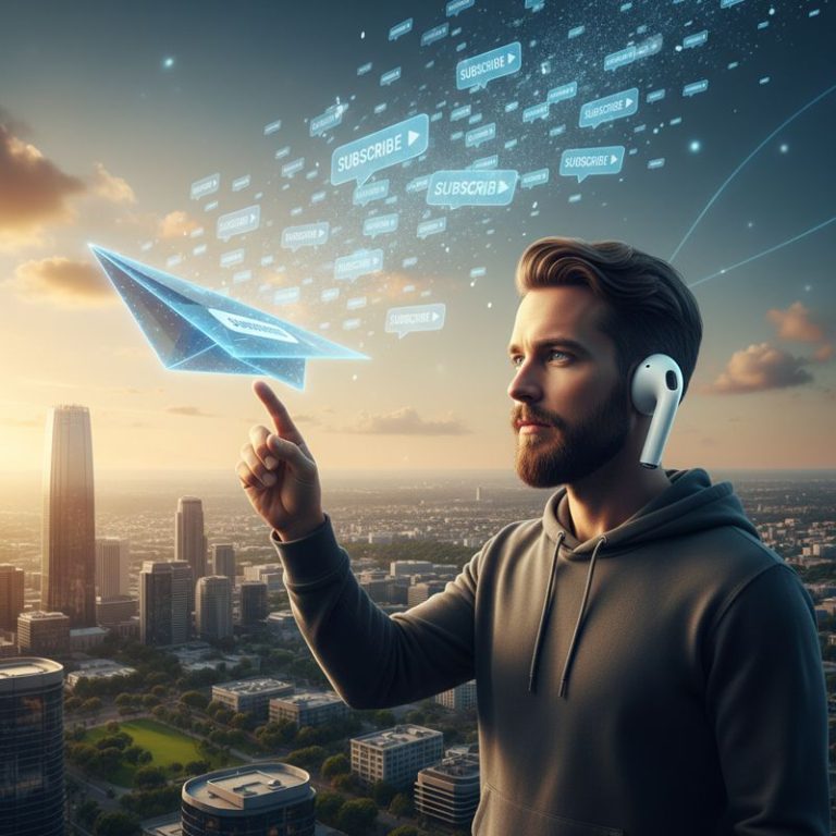 거대한 에어팟을 낀 채 스마트폰을 던지는 인물과 하늘에서 쏟아지는 구독 알림들