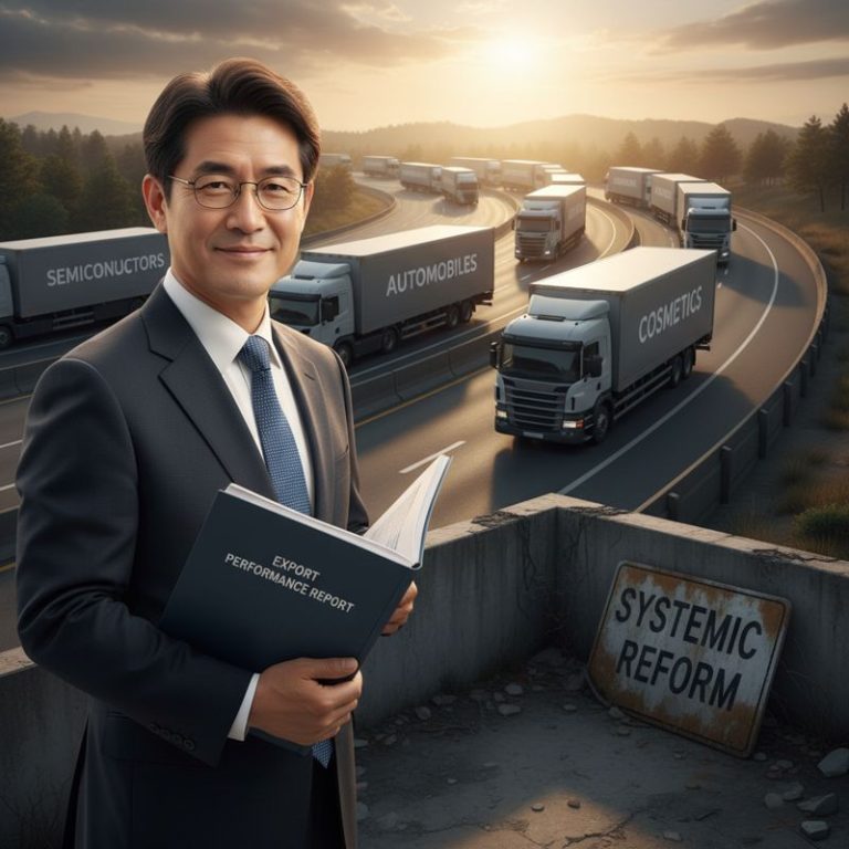 수출 실적 자랑하는 한국 관료와, 늘 반복되는 산업 트럭, 먼지 묻은 체질 개선 간판