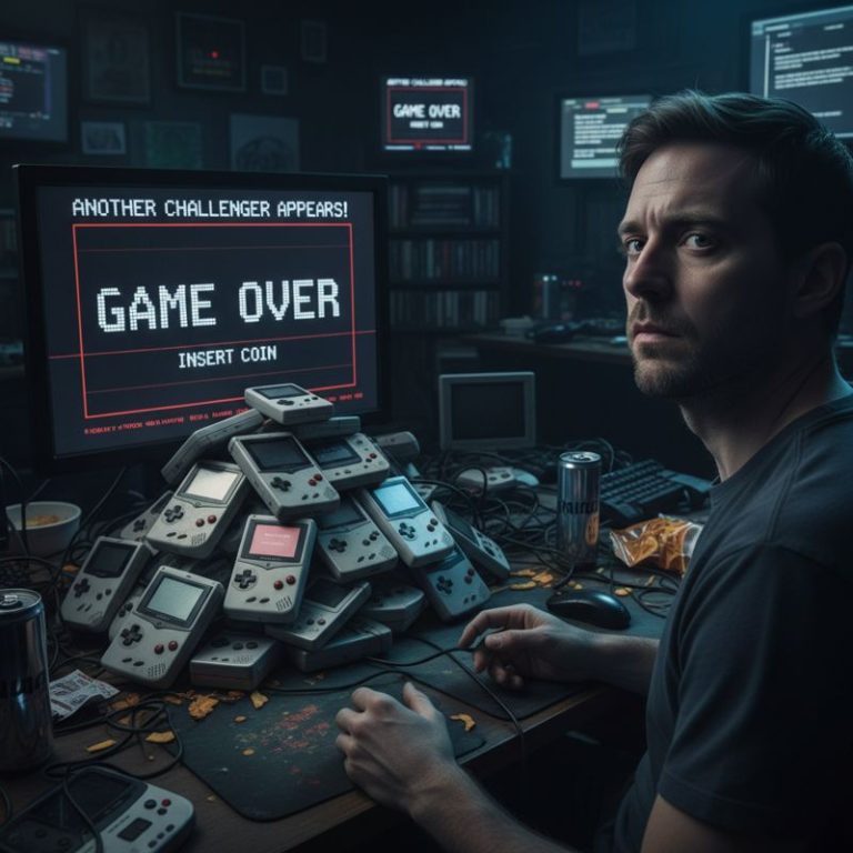 실망한 표정의 게이머가 여러 가지 닮은 휴대용 콘솔들을 바라보며 '또 나왔네' 하는 상황