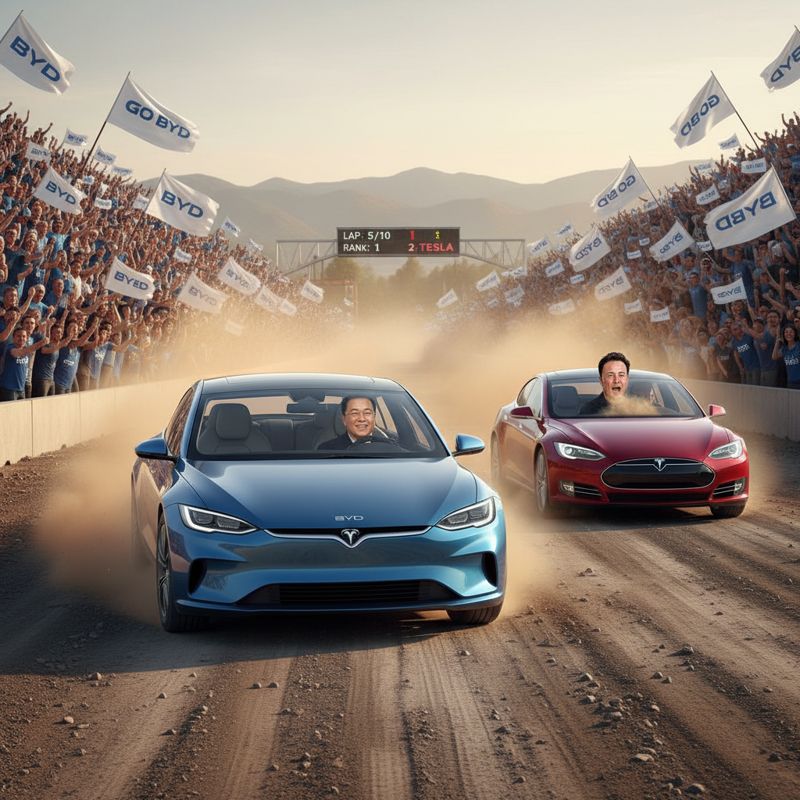 엘론 머스크가 BYD CEO에게 레이싱에서 뒤처지고 당황해하는 모습