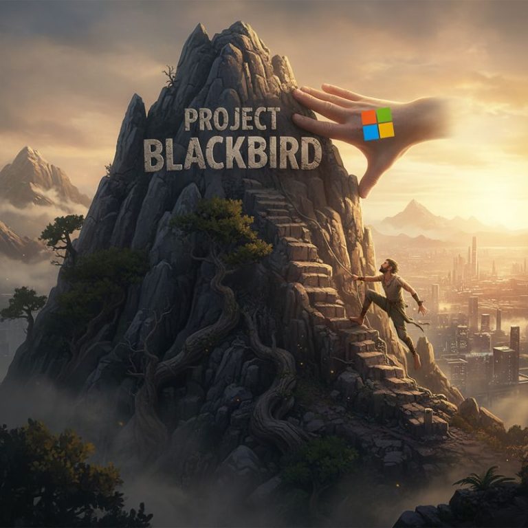 게임 개발자가 Project Blackbird라 적힌 산 정상에서 Microsoft 로고 손에 밀려나는 모습