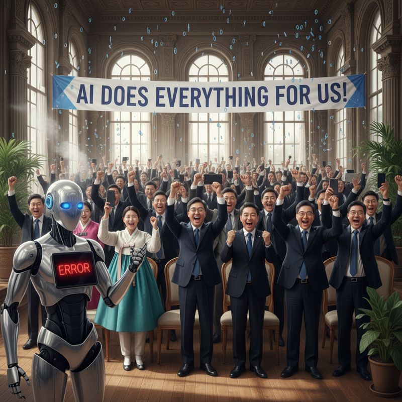 관료들이 AI 만능을 믿는 모습, 옆의 AI 로봇은 에러 표시