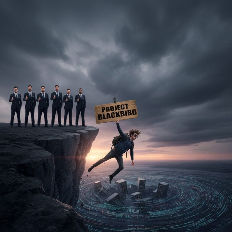 개발자가 Project Blackbird 표지판 들고 절벽 아래로 떨어지고, Microsoft 경영진이 뒤에서 무표정으로 엄지척하는 만화