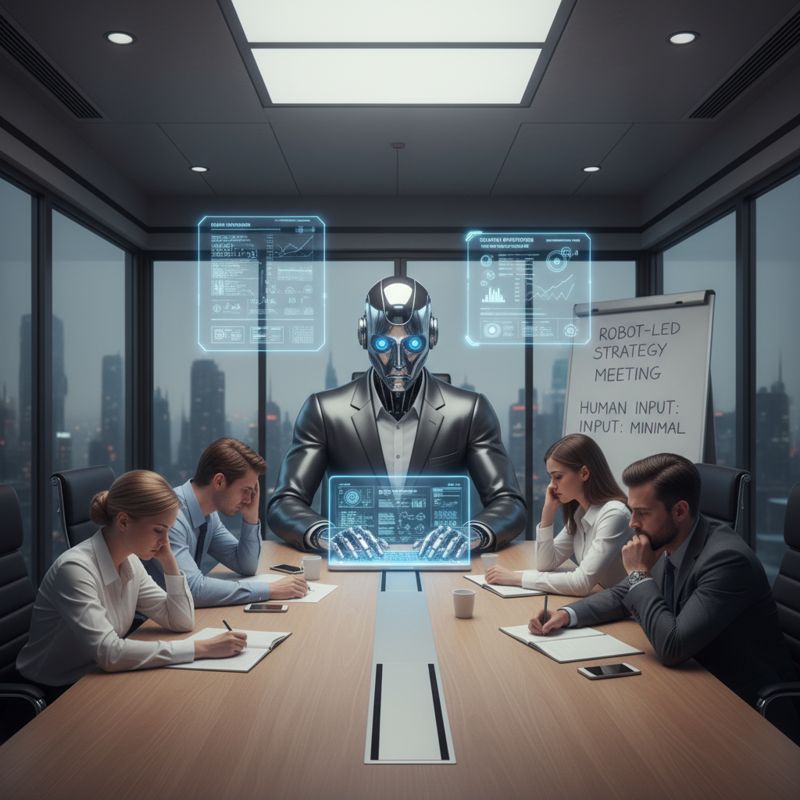 AI 로봇이 회의실에서 일하는 대신 인간들은 넋 놓고 앉아 있는 모습