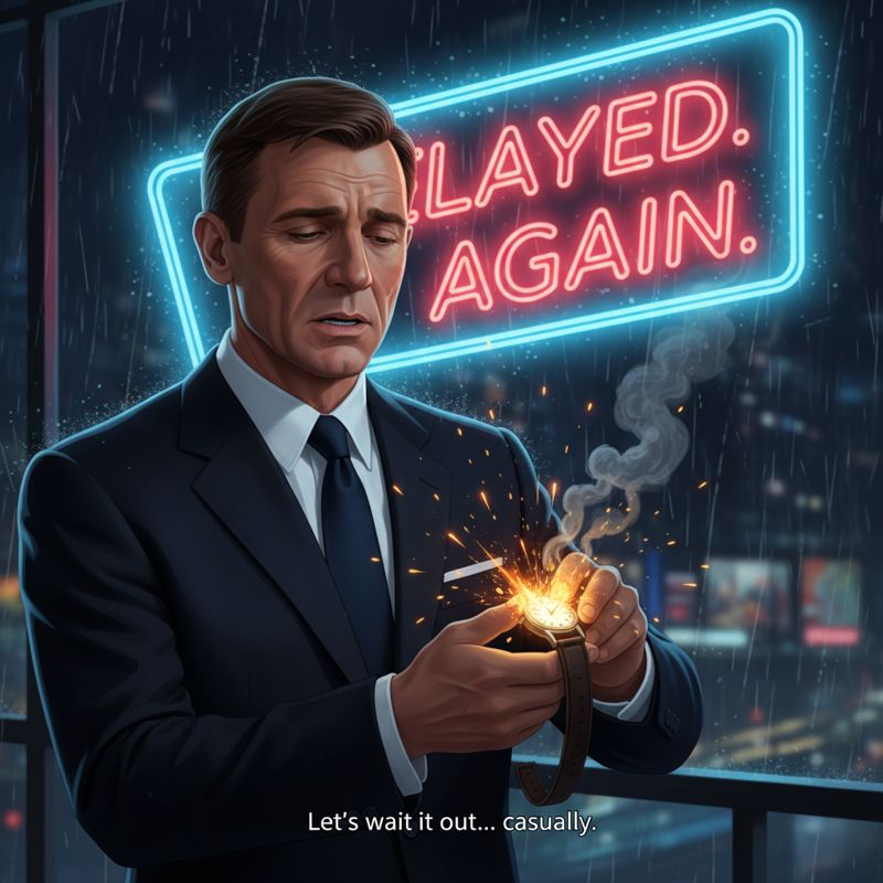 폭발하는 시계를 든 007이 시계를 보며 한숨 쉬는 장면과 'Delayed. Again.'이라는 네온사인