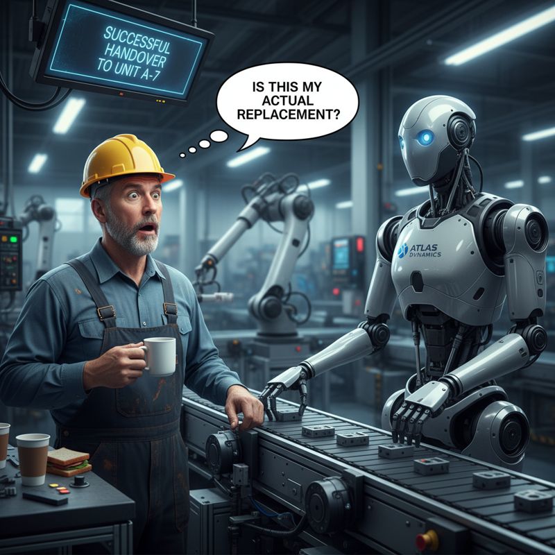 공장 직원이 로봇에게 일을 넘기는 모습에 충격받는 모습