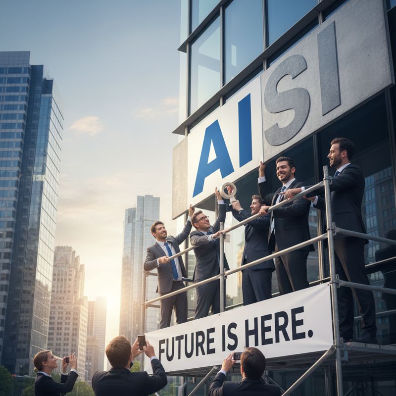 임원들이 옛 간판 위에 임시로 붙인 'AI' 간판을 붙이는 장면