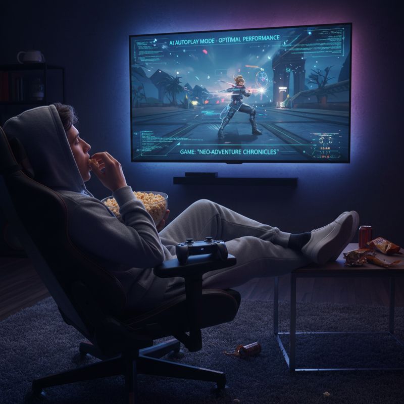 게이머가 컨트롤러를 놓고 팝콘을 먹으며 TV 화면에서 AI가 게임을 대신 하는 장면