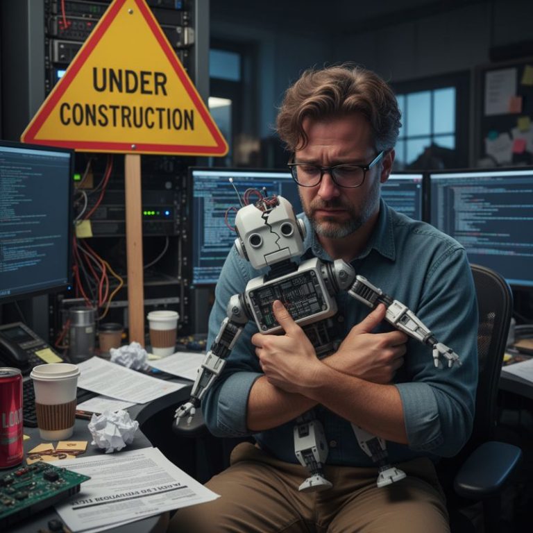 고장난 AI 로봇 장난감을 들고 서 있는 실리콘밸리 개발자와 규제 문서