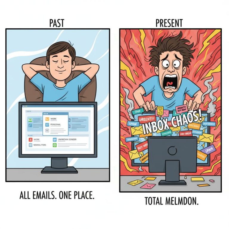 메일함을 하나로 정리하던 시절과 여러 메일함에 치여 혼란스러운 사용자의 대비